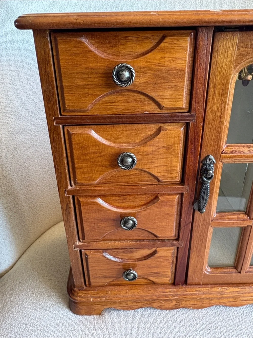 VTG Wood Jewelry Cabinet with Mirrored Door 9” X 10.5”